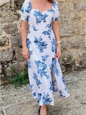 Francesca's Collections White Maxi Dress with Blue Floral Print